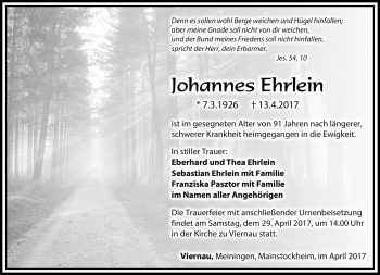 Traueranzeige von Johannes Ehrlein von Südthüringer Presse