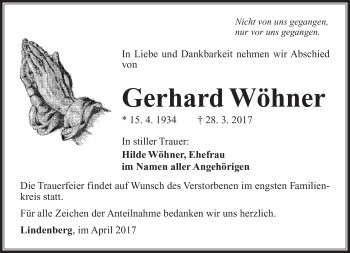 Traueranzeige von Gerhard Wöhner von Südthüringer Presse