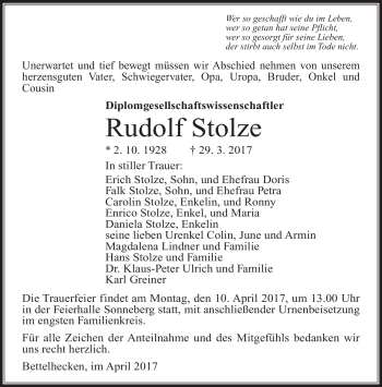 Traueranzeige von Rudolf Stolze von Südthüringer Presse