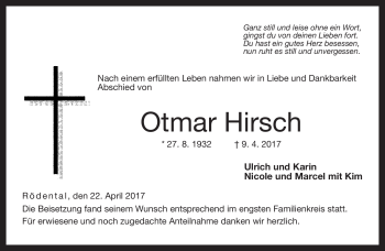 Traueranzeige von Otmar Hirsch von Neue Presse Coburg