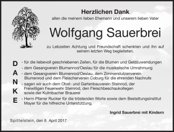 Traueranzeige von Wolfgang Sauerbrei von Neue Presse Coburg