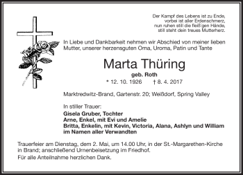 Traueranzeige von Marta Thüring von Frankenpost