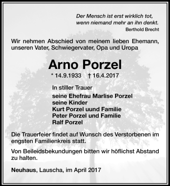 Traueranzeige von Arno Porzel von Südthüringer Presse