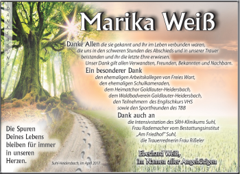 Traueranzeige von Marika Weiß von Südthüringer Presse