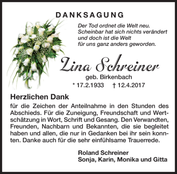 Traueranzeige von Lina Schreiner von Neue Presse Coburg
