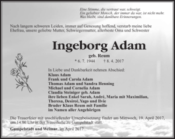 Traueranzeige von Ingeborg Adam von Südthüringer Presse