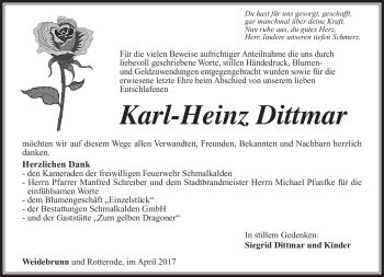 Traueranzeige von Karl-Heinz Dittmar von Südthüringer Presse