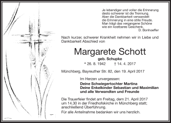 Traueranzeige von Margarete Schott von Frankenpost