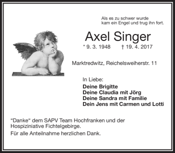 Traueranzeige von Axel Singer von Frankenpost