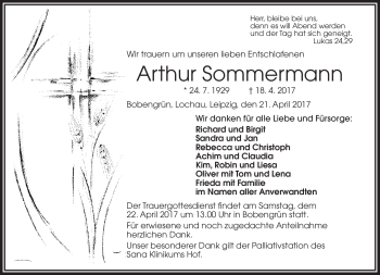 Traueranzeige von Arthur Sommermann von Frankenpost