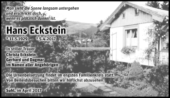 Traueranzeige von Hans Eckstein von Südthüringer Presse