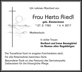Traueranzeige von Herta Riedl von Frankenpost