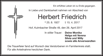 Traueranzeige von Herbert Friedrich von Frankenpost