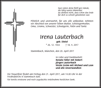 Traueranzeige von Irena Lauterbach von Frankenpost