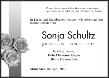Traueranzeige von Sonja Schultz von Südthüringer Presse