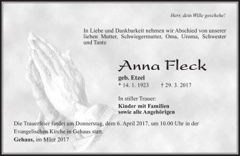 Traueranzeige von Anna Fleck von Südthüringer Presse
