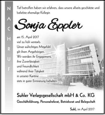 Traueranzeige von Sonja Eppler von Südthüringer Presse