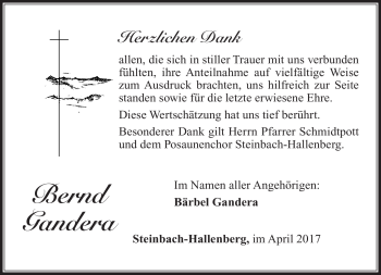 Traueranzeige von Bernd Gandera von Südthüringer Presse
