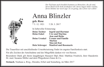 Traueranzeige von Blinzler Anna von Südthüringer Presse