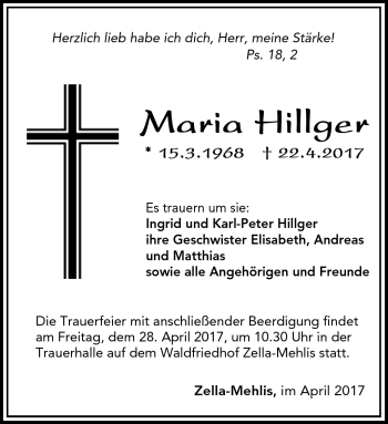 Traueranzeige von Maria Hillger von Südthüringer Presse