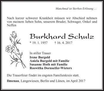 Traueranzeige von Burkhard Schulz von Südthüringer Presse