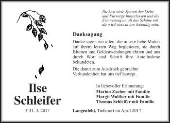 Traueranzeige von Ilse Schleifer von Südthüringer Presse