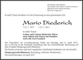 Traueranzeige von Mario Dieterich von Südthüringer Presse