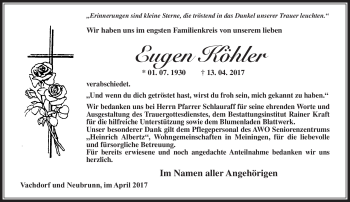 Traueranzeige von Eugen Köhler von Südthüringer Presse