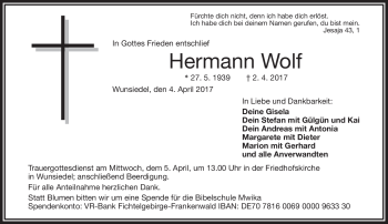 Traueranzeige von Herrmann Wolf von Frankenpost