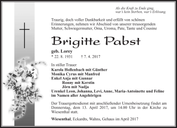 Traueranzeige von Brigitte Pabst von Südthüringer Presse