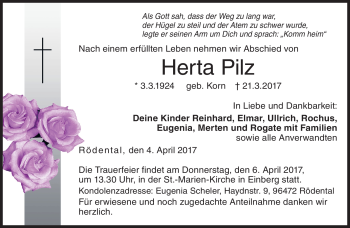 Traueranzeige von Herta Pilz von Neue Presse Coburg