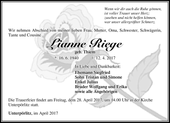 Traueranzeige von Lianne Riege von Südthüringer Presse