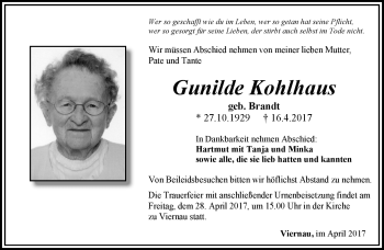 Traueranzeige von Gunilde Kohlhaus von Südthüringer Presse