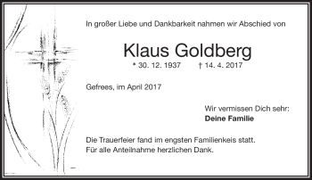 Traueranzeige von Klaus Goldberg von Frankenpost