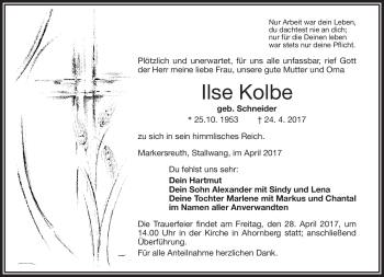 Traueranzeige von Ilse Kolbe von Frankenpost