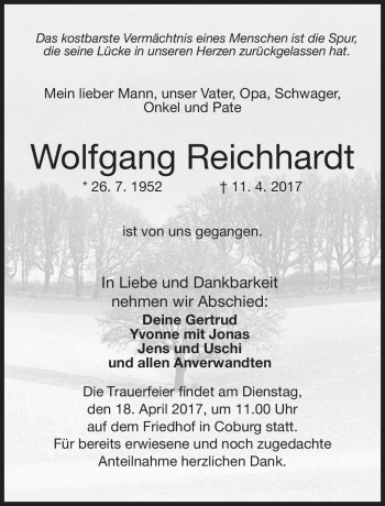 Traueranzeige von Wolfgang Reichhardt von Neue Presse Coburg