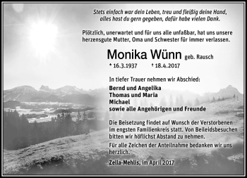 Traueranzeige von Monika Wünn von Südthüringer Presse