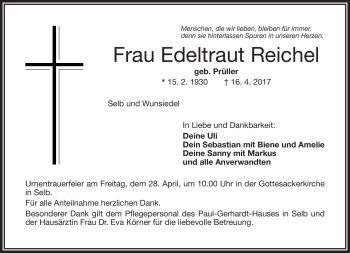 Traueranzeige von Edeltraud Reichel von Frankenpost