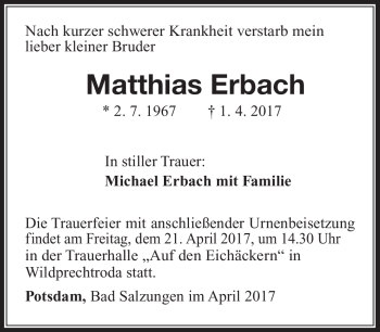 Traueranzeige von Matthias Erbach von Südthüringer Presse