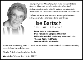 Traueranzeige von Ilse Bartsch von Frankenpost