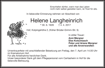 Traueranzeige von Helene Langheinrich von Frankenpost