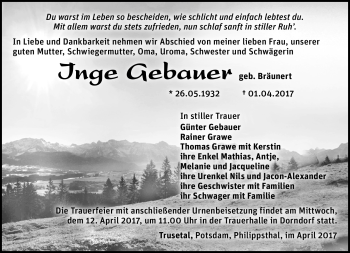 Traueranzeige von Inge Gebauer von Südthüringer Presse