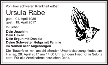 Traueranzeige von Ursula Rabe von Frankenpost