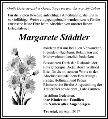 Traueranzeige von Margarete Städtler von Südthüringer Presse