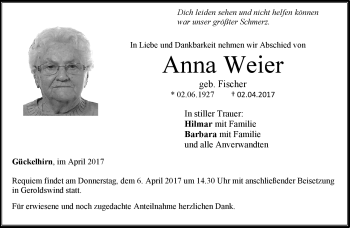 Traueranzeige von Anna Weier von Neue Presse Coburg