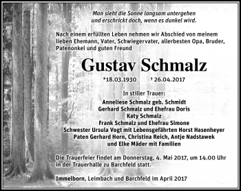 Traueranzeige von Gustav Schmalz von Südthüringer Presse