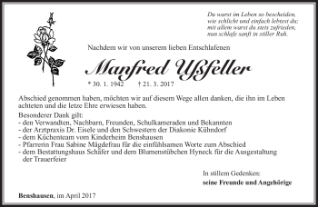 Traueranzeige von Manfred Ußfeller von Südthüringer Presse