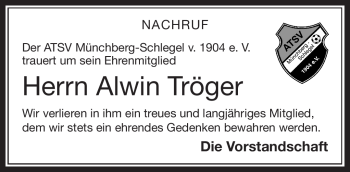 Traueranzeige von Tröger Alwin von Frankenpost