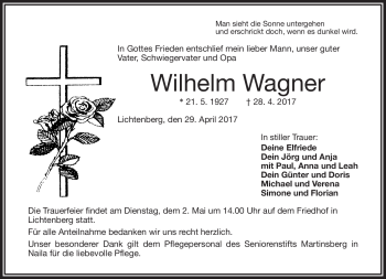 Traueranzeige von Wilhelm Wagner von Frankenpost