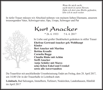 Traueranzeige von Kurt Anacker von Südthüringer Presse